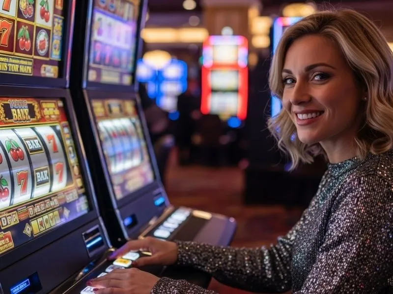 Casino femme smiling while playing a slot machine in a lively physical casino