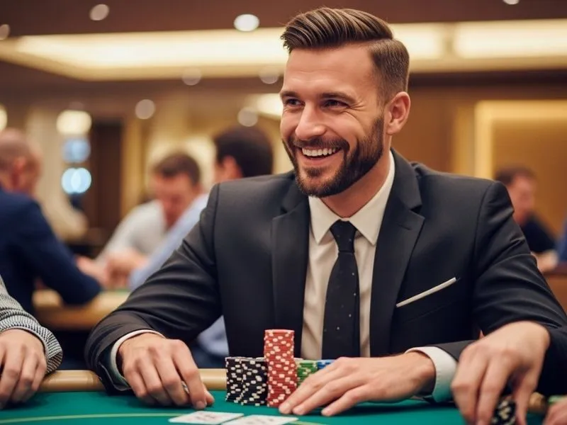 Casino femme celebrating a big win at a physical casino with colorful chips in hand