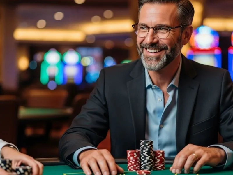 Casino femme player smiling after placing his bet at a physical casino table