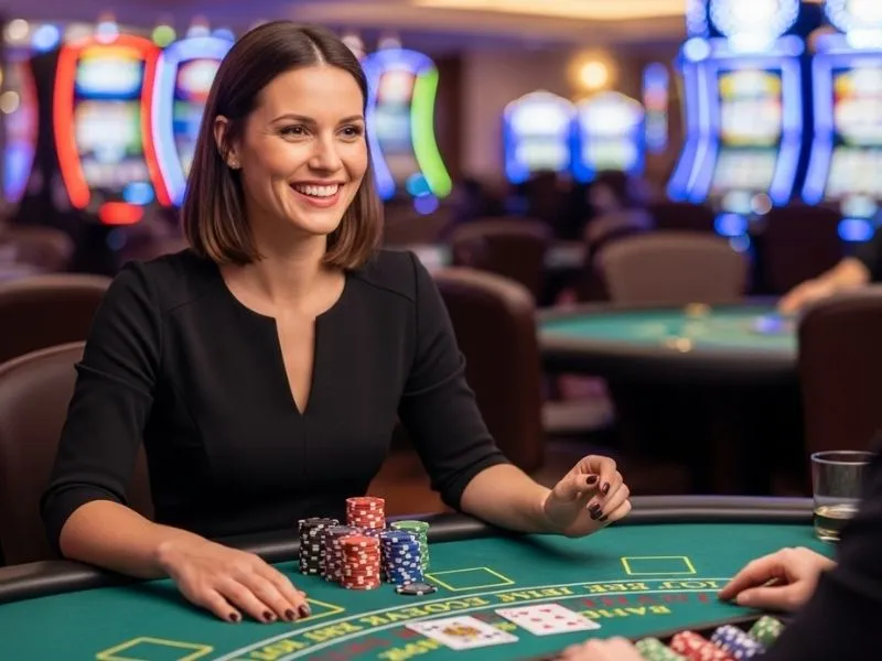 Woman celebrating her win with chips on a table at a casino in Mauritius