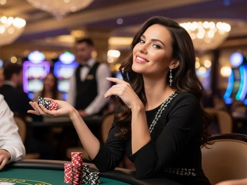 Smiling woman holding poker chips at a casino Mauritius table, enjoying the physical casino experience.