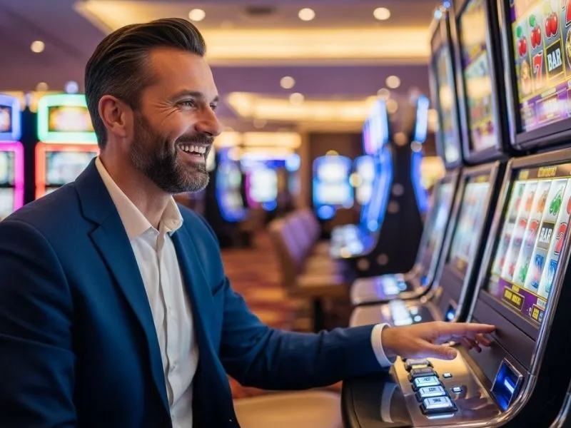 Man smiling while playing a slot machine in a physical casino in Mauritius – casino Mauritius experience.