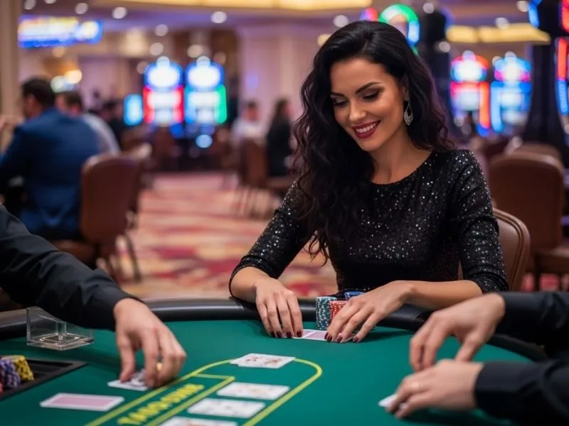 Woman happily playing poker at a physical casino in Mauritius, enjoying her time at Casino Mauritius.