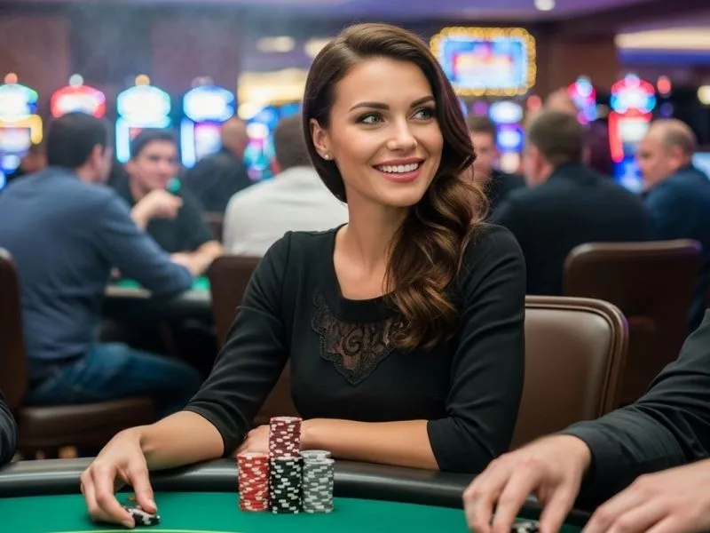Smiling lady sitting at a casino table with poker chips stacked in front of her, representing the excitement and winning vibe of CCZZ Online Casino.