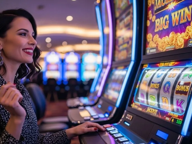 A cheerful lady smiling after winning on a slot machine inside a casino, representing the excitement of playing at CCZZ Online Casino.