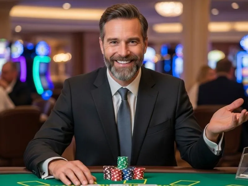 Man celebrating a poker win at a physical casino, representing the thrill and excitement promoted by CCZZ Online Casino.