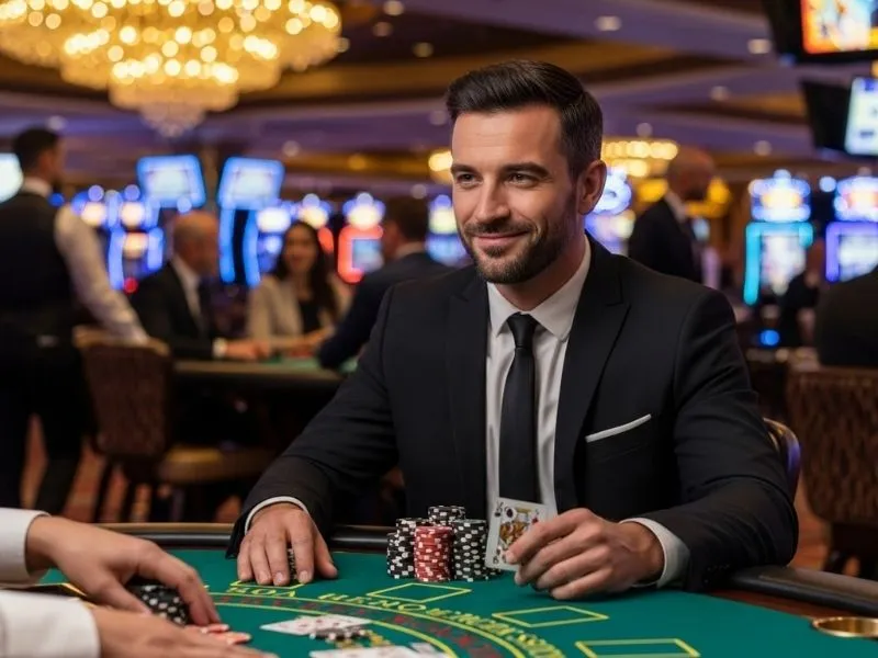 A man sitting at a poker table with casino chips, representing the excitement and gaming atmosphere of CCZZ Online Casino.