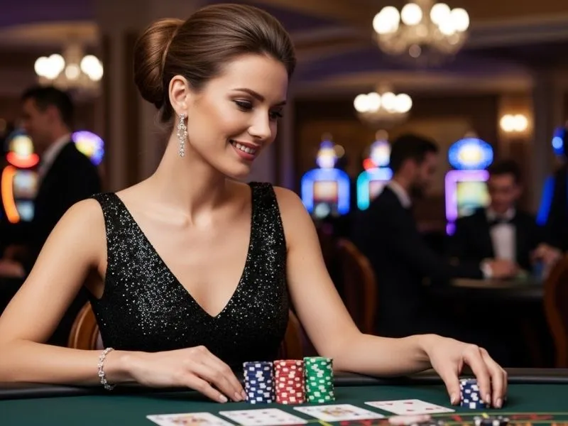 Elegant woman smiling while playing poker at Clark Casino Hotel’s gaming table.