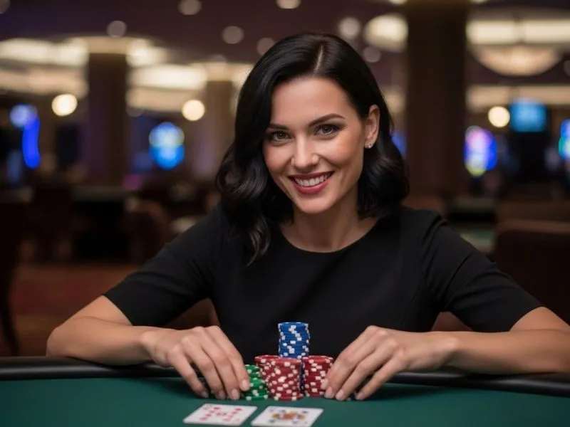Lady posing with poker chips on a casino table at Clark Casino Hotel