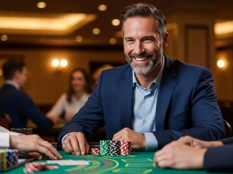 Man smiling after winning big at a poker table in Clark Casino Hotel