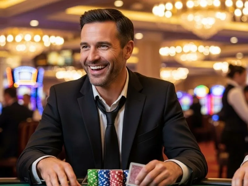 Man smiling while holding poker hand and chips at Clark Casino Hotel