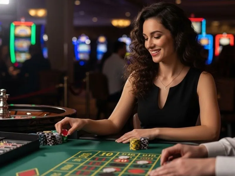 Elegant woman smiling while playing roulette at a luxurious casino, representing the excitement of FC178 Casino 777 slot games.