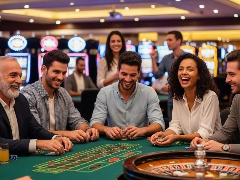 Friends enjoying a lively roulette game at a physical casino, representing the fun atmosphere of FC178 Casino 777 slot games.