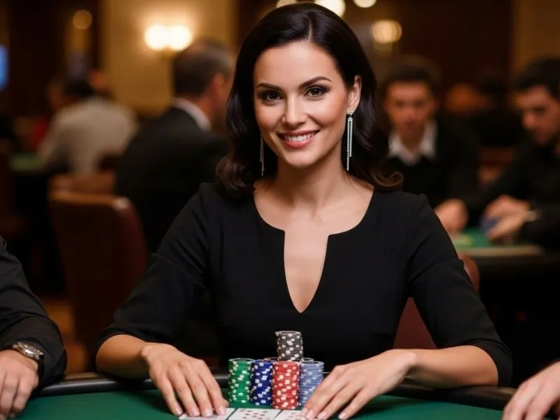 A cheerful woman smiling at a poker table surrounded by chips inside a lively physical casino — representing the excitement of fc178 casino 777 slot games.
