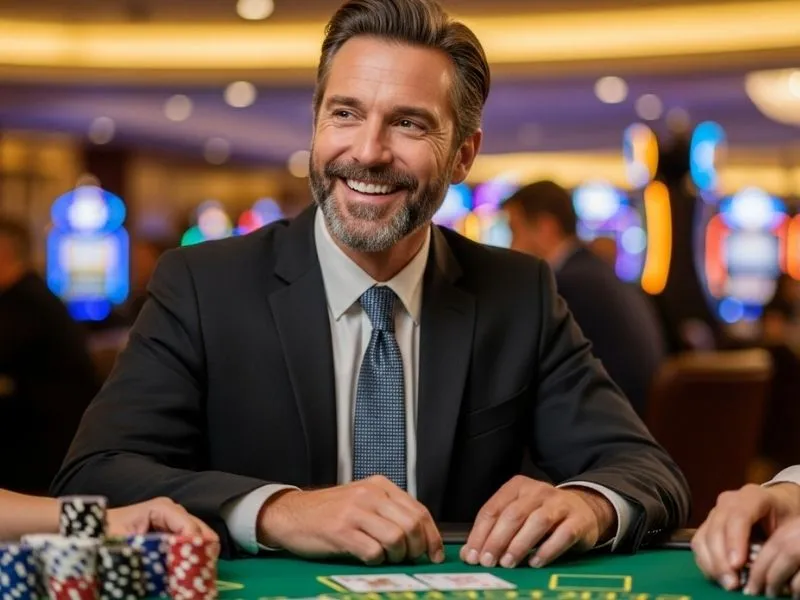 A man smiling happily after winning a bet on a slot machine inside a physical casino, showcasing the excitement of fc178 casino 777 slot games.