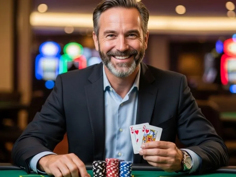 Focused man holding playing cards and poker chips inside a casino, representing the intense atmosphere of Fox Game Casino.