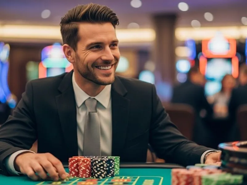 A smiling man enjoying a roulette game at a physical casino, representing the lively atmosphere of Fox Game Casino.