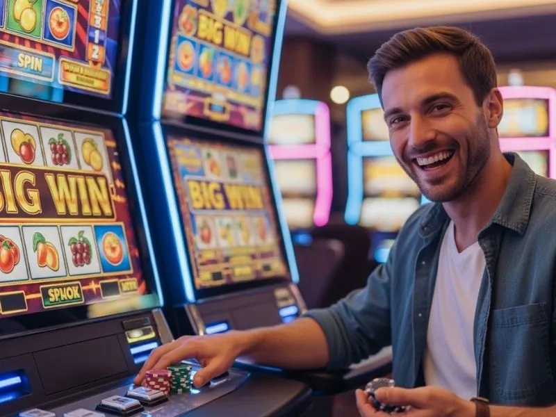 Happy man smiling after a big slot win at Fox Game Casino in a physical gaming venue.