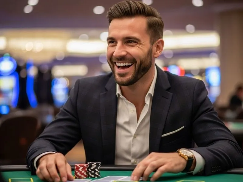 Man smiling at a table in a physical casino with poker chips and cards, representing the fun atmosphere of Fox Game Casino.
