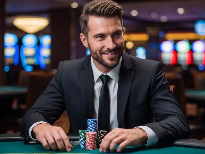 Joyful young man celebrating winnings with casino chips at a table, representing Galaxy 333 Casino login experience.