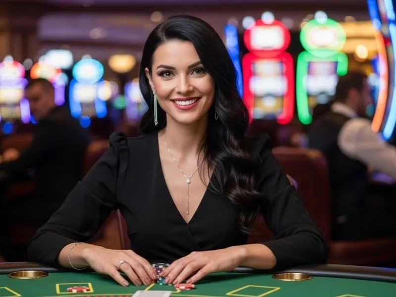 Woman smiling while playing baccarat with chips at a physical casino, related to Galaxy 333 Casino Login