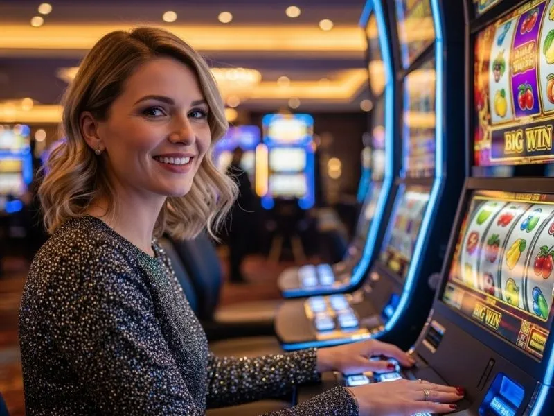 Woman smiling while playing a slot machine at a casino, representing a fun Galaxy 333 Casino login experience.