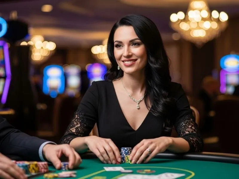 Happy woman enjoying her time at a poker table in a physical casino at Happy 777 Casino.