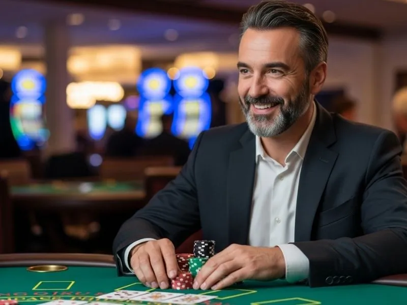 Man holding poker chips and smiling during a game at Happy 777 Casino