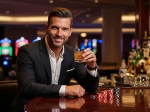 Smiling man holding chips and a cocktail at a physical casino table at Happy 777 Casino