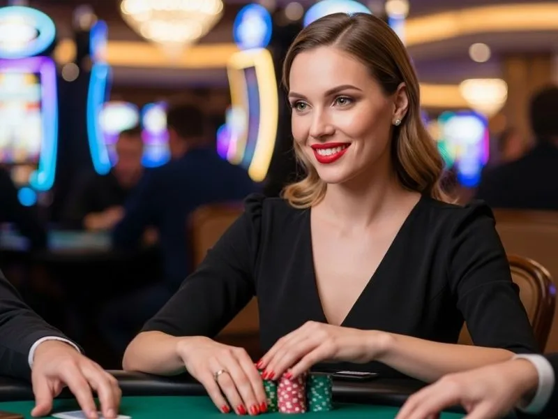 Woman smiling at a casino table with poker chips, enjoying her time at Happy 777 Casino.