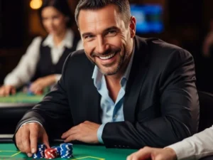 A cheerful man stacking colorful casino chips at a gaming table inside a lively casino, representing the excitement and winning vibes of ICBI E Games Casino.