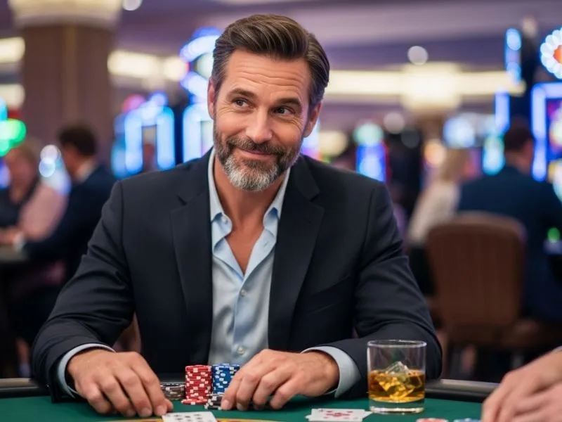 A man enjoying table games at a physical casino, representing the lively gaming atmosphere of ICBI E Games Casino.