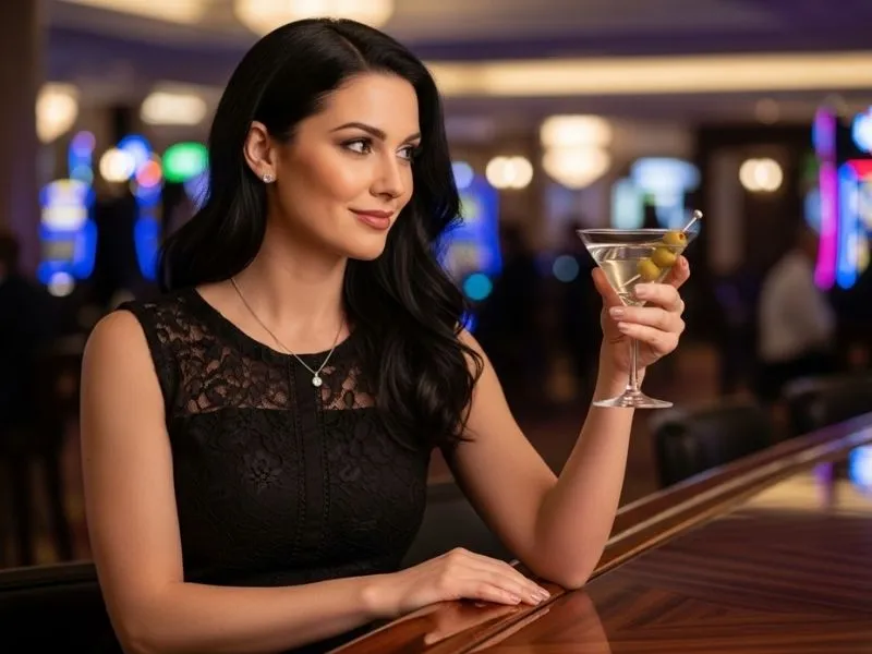 A cheerful woman holding a drink at a casino bar counter inside ICBI E Games Casino.
