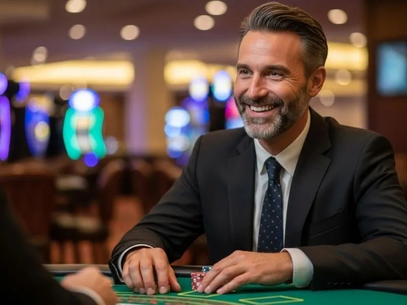 Man playing poker and holding chips at a physical table inside Intertops Casino.