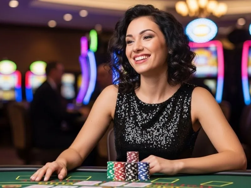 Smiling woman enjoying casino table games at Intertops Casino in a lively physical gaming environment.