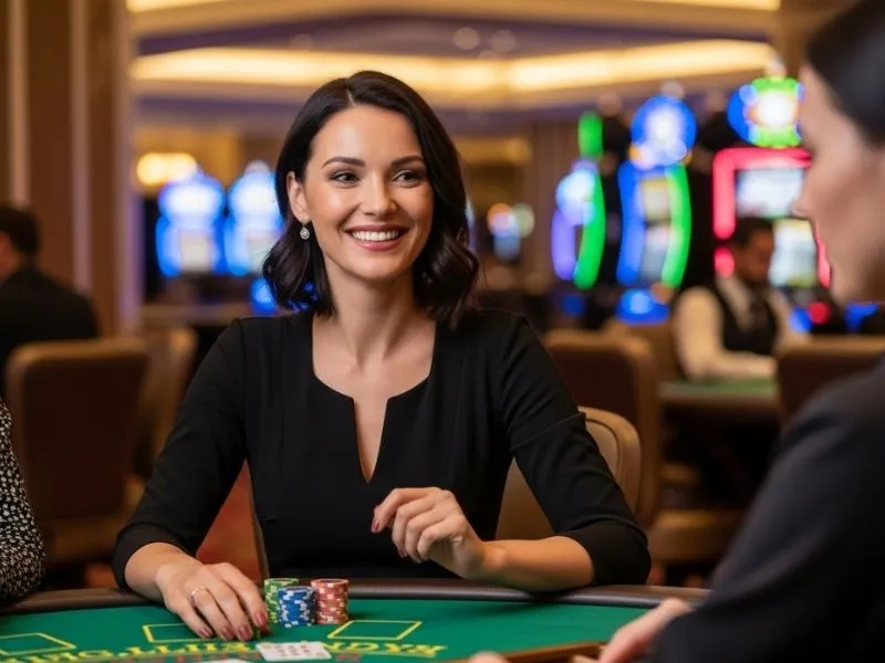 A happy woman smiling after winning a game at a physical casino, representing the fun and excitement of Intertops Casino.