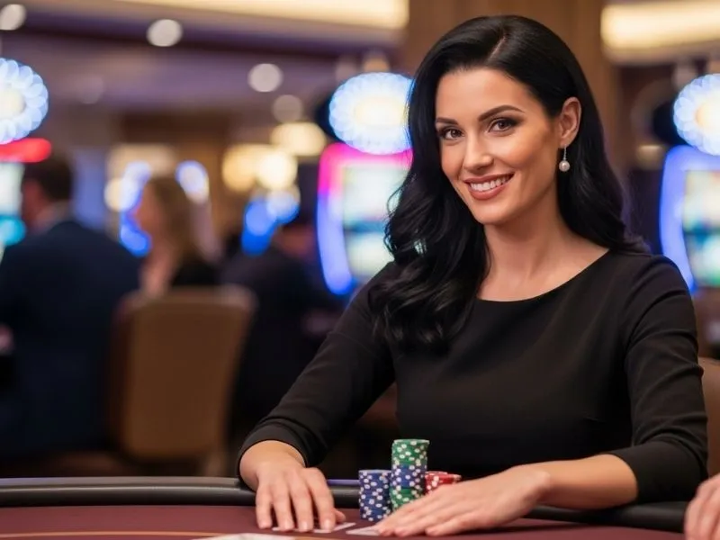 Smiling woman holding poker chips at a table in a lively casino — representing the excitement of Intertops Casino.