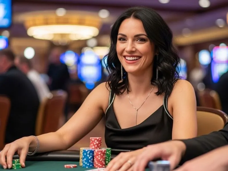 A confident woman smiling while placing casino chips on a table, symbolizing the excitement and strategy behind how to invest in online casino opportunities.