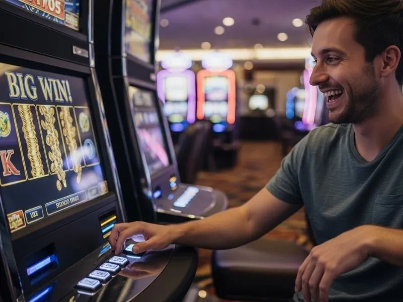 Man celebrating a big slot machine win inside a casino, symbolizing the excitement and potential when you invest in online casino opportunities.