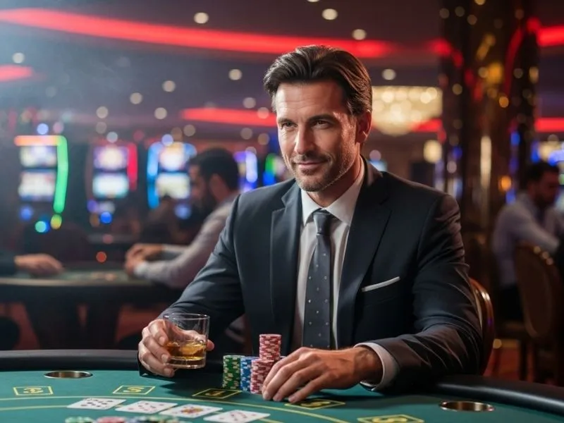 A man relaxing with a drink beside poker chips at a casino table, symbolizing the excitement and strategy behind those who invest in online casino opportunities.
