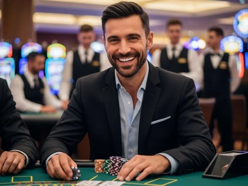 Man placing poker chips on a betting line symbolizing how to invest in online casino opportunities.