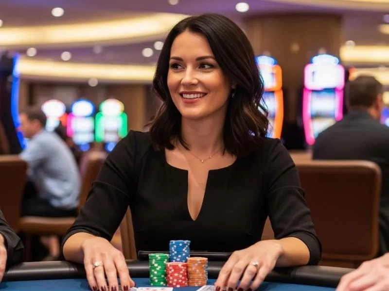 Smiling woman celebrating her poker win at Isle of Capri Casino Hotel Lake Charles.