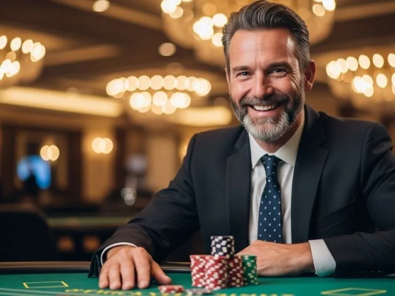 Man laughing while holding poker chips at Isle of Capri Casino Hotel Lake Charles.