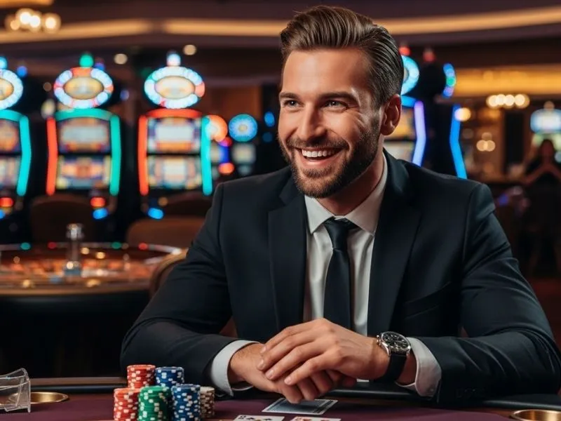 Man smiling with a stack of poker chips at Isle of Capri Casino Hotel Lake Charles.