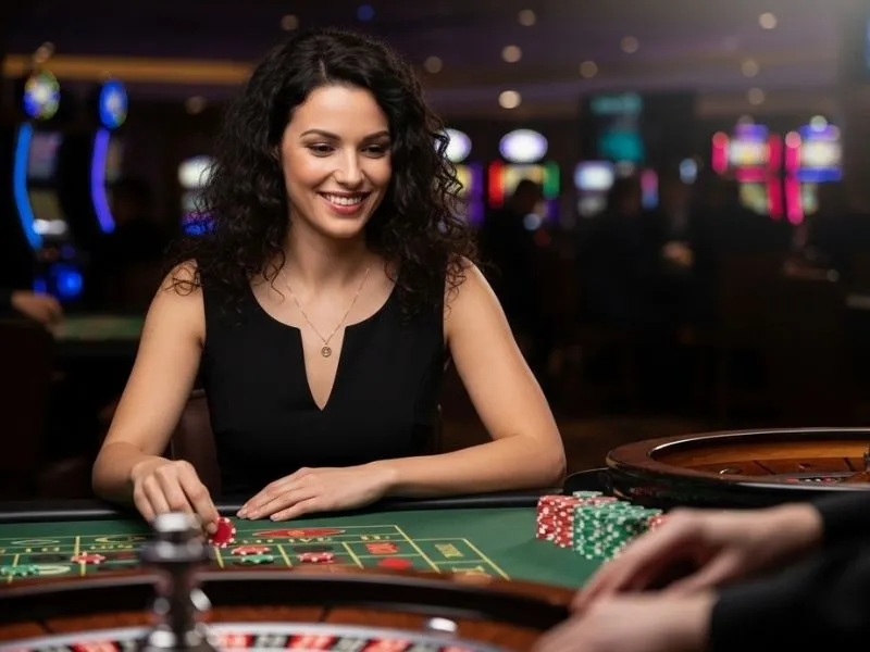 Young woman smiling while watching a roulette game at Isle of Capri Casino Hotel Lake Charles.