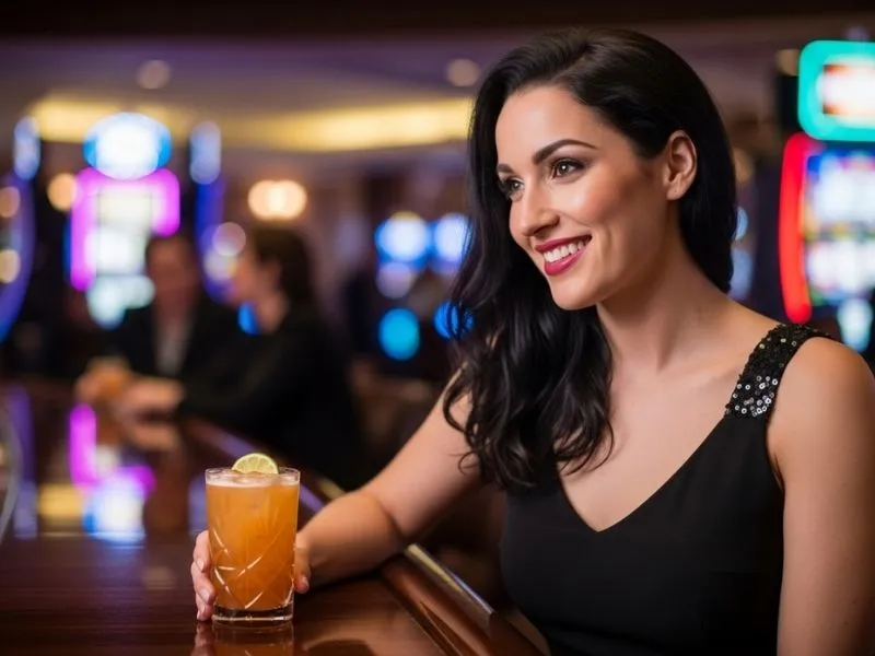 A woman sitting at the bar counter of Isle of Capri Casino, holding a drink and enjoying the lively atmosphere of the gaming floor.