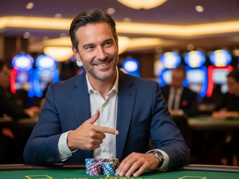 Man sitting at a poker table with chips inside Isle of Capri Casino.