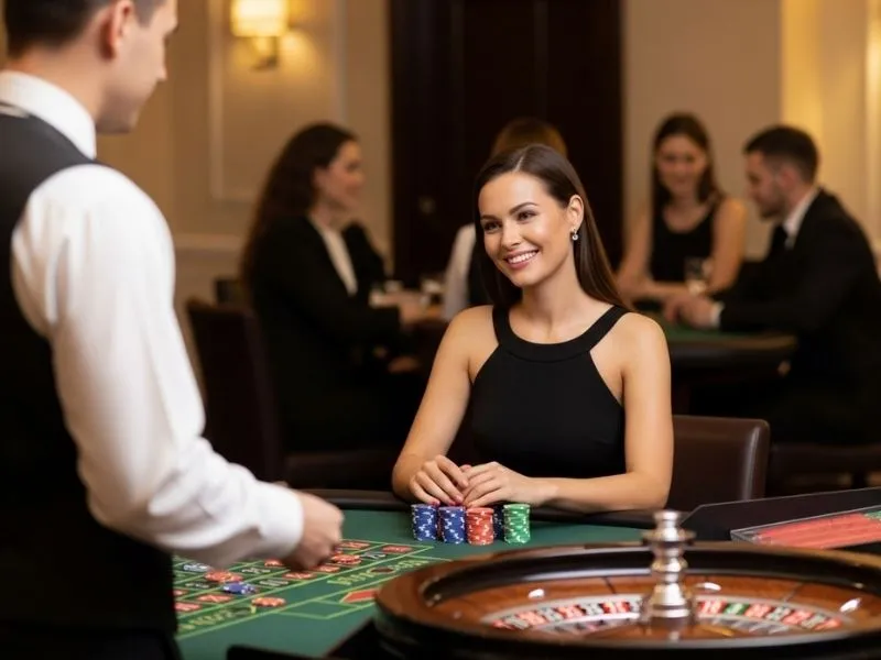 Smiling woman enjoying a table game with chips at Isle of Capri Casino.