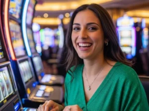 Smiling woman enjoying a slot machine game at Isle of Capri Casino.
