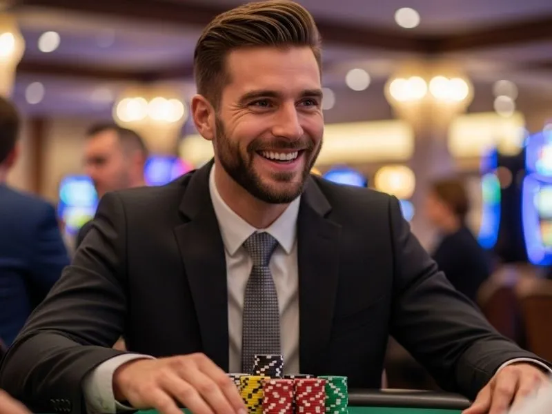 Man celebrating his big poker win at Jack Million Casino in a lively physical casino setting.